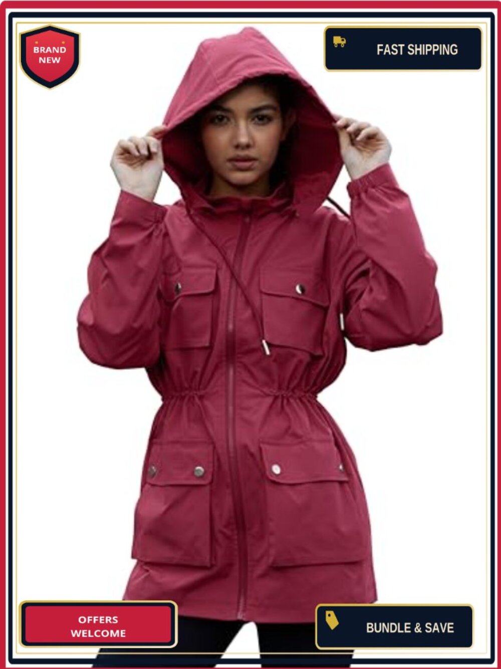 Women's Waterproof Utility Rain Jacket, Packable Windbreaker with 7 Pockets,